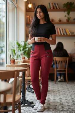 Women's High Waisted Skinny Pants Contrast Panel Gold Zipper Detail Burgundy